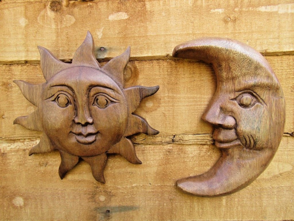 Hand Carved Sun & Moon Wooden Wall Hanging