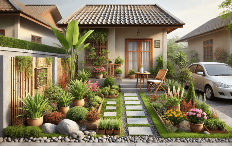 Kombinasi Tanaman dan Furnitur di Teras Halaman